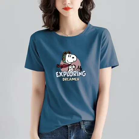 宝蓝色夏季短袖t恤女士宽松纯棉体恤大码内搭2022新款半袖上衣潮图片