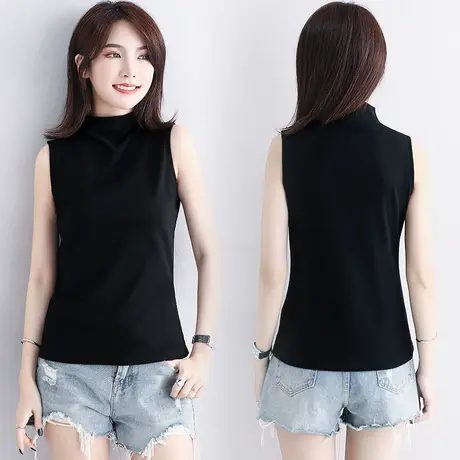 黑色中小半高领打底背心女夏季外穿内搭修身上衣简约百搭无袖t恤商品大图