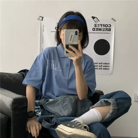 港味ins潮polo翻领衫ulzzang原宿宽松韩版2020新款短袖T恤女纯棉图片