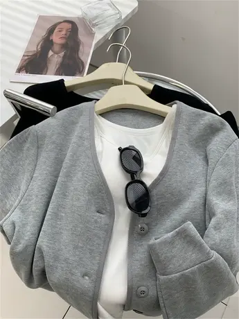 秋冬新款V领小个子长袖卫衣外套女宽松休闲纯色百搭短款开衫上衣商品大图