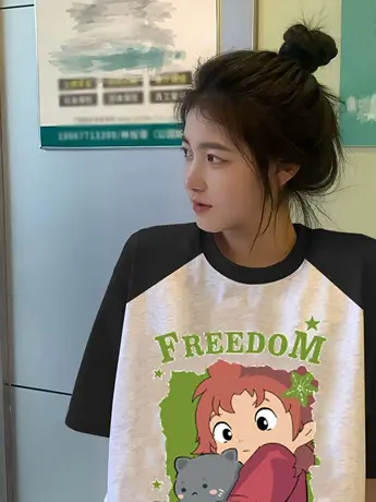 港味chic大码t恤女夏宽松显瘦纯棉插肩袖短袖ins胖mm遮肚上衣藏肉图片