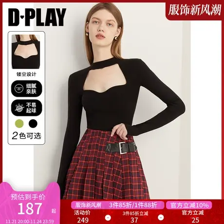 DPLAY秋装法式镂空宫廷领美背经典黑长袖修身针织衫锁骨上衣商品大图