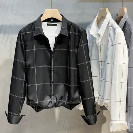 抗皱免烫春秋衬衫男长袖韩版潮流高端休闲衬衣高级感格子休闲寸衫图片