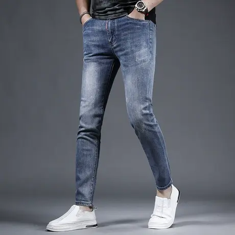 蓝色九分牛仔裤男款修身小脚裤夏季2023新款弹力百搭休闲男士裤子商品大图