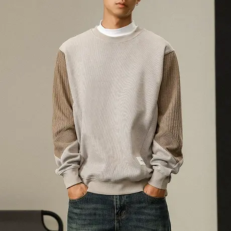 秋冬款百搭卫衣侧面针织毛衣拼接帅气卫衣圆领时尚百搭长袖卫衣男图片
