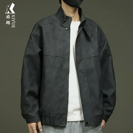 秋冬PU皮衣外套男士宽松大码美式机能风立领夹克潮流拼接黑色外衣商品大图