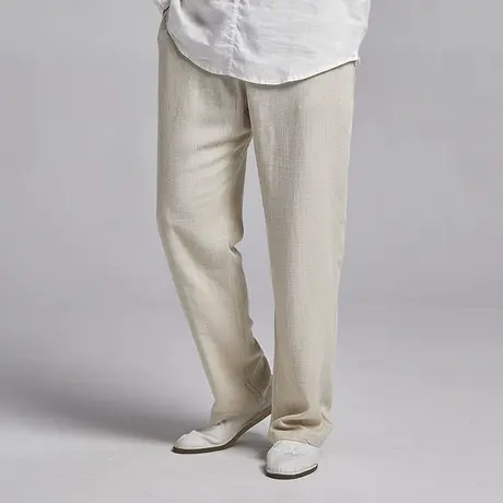 亚麻宽松休闲裤男夏季薄款直筒长裤纯色抽绳中年男士潮流棉麻裤子图片