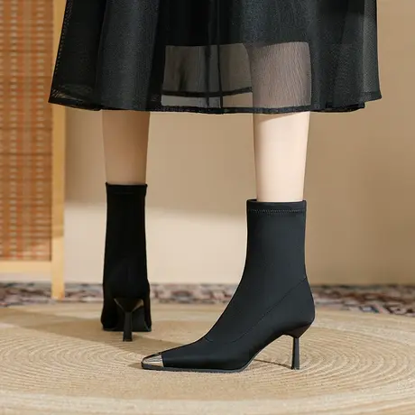 弹力袜靴尖头中跟短靴细跟高跟鞋2024年秋冬新款裸靴女单靴瘦瘦靴图片