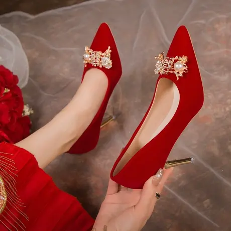 红色婚鞋女秀禾服细跟高跟鞋新娘鞋2025年新款中式礼服鞋单鞋女鞋图片