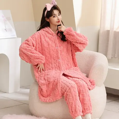 珊瑚绒睡衣女2023新款冬季法兰绒秋冬款加绒加厚女士睡袍长款套装图片
