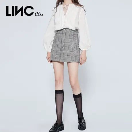 LINC金羽杰半身裙港味复古chic裙子黑白格纹a字裙半身裙2012304图片