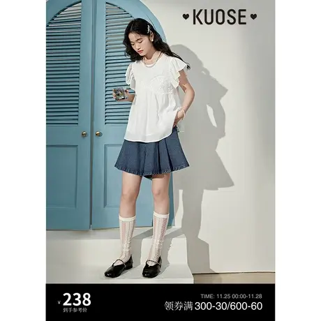 阔色复古牛仔百褶半身裙裤女2023夏季新款高腰a字短裤子蓝色商品大图