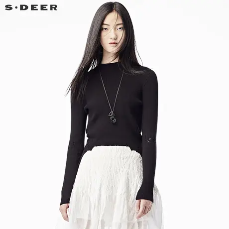 sdeer圣迪奥女装2019春装修身抽丝破缺圆领针织衫毛衣S17383518🖖图片