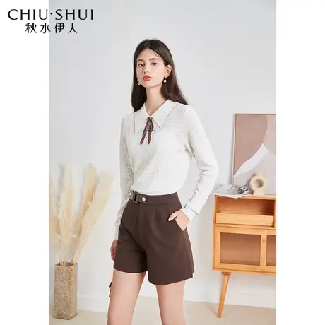 秋水秋水伊人白色上衣秋装2021年新款女装格子织纹翻领长袖针织衣图片
