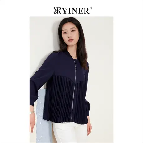 *Goodland女装2022秋季新款风琴褶夹克宽松醋酯短外套商品大图