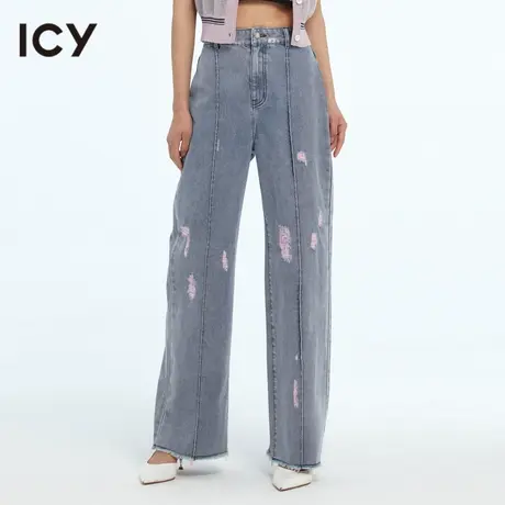 icy女装原创春季新款复古风时尚潮流简约破洞毛边水洗牛仔女长裤图片