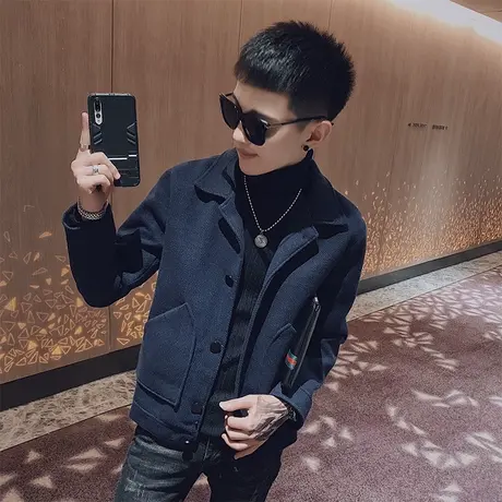 冬季毛呢大衣时尚社会小伙外套短款夹克潮工装抖纯色休闲ins外套商品大图