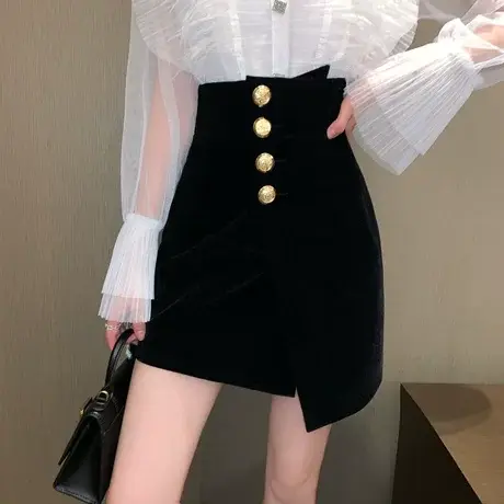 半身裙女春季2024新款中长款不规则金丝绒修身包臀裙高腰气质短裙图片