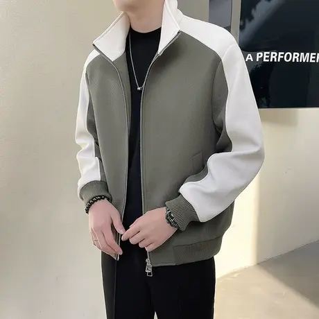 高级感拼色立领夹克男春秋季2024新款ins休闲简约轻熟风男装外套商品大图