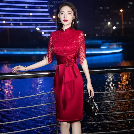 红色晚礼服女2024新款短款宴会婚礼夏季喜婆婆妈妈婚宴高贵连衣裙商品大图