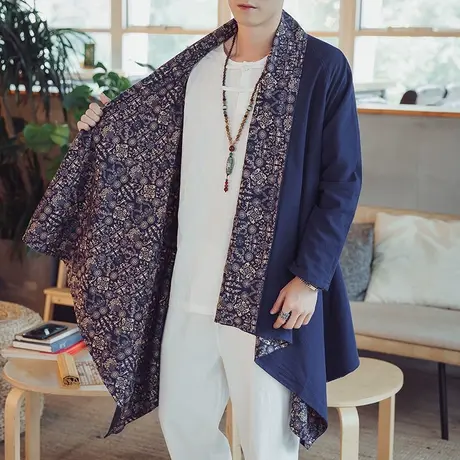 春秋棉麻民族风男装外套文艺披风无扣汉服男式中长款古装风衣唐装图片