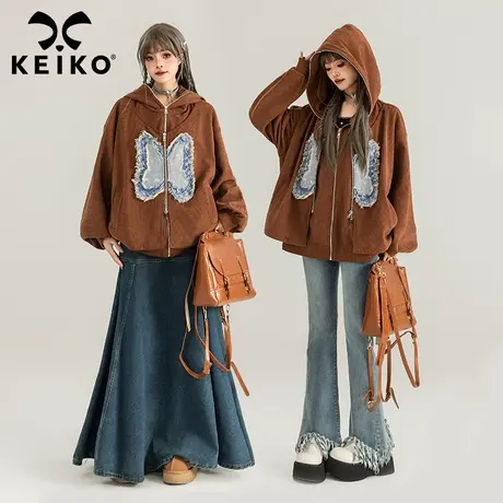 KEIKO [加绒]复古软糯灯芯绒外套2024秋季设计感蝴蝶绣花宽松上衣图片