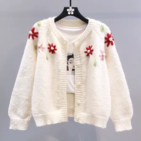 日系甜美手工钩花毛衣外套女冬季2024新款宽松慵懒风减龄针织开衫图片