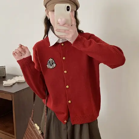 春装2024年女装红色毛衣女冬季2023新款polo领针织开衫外套女秋冬商品大图