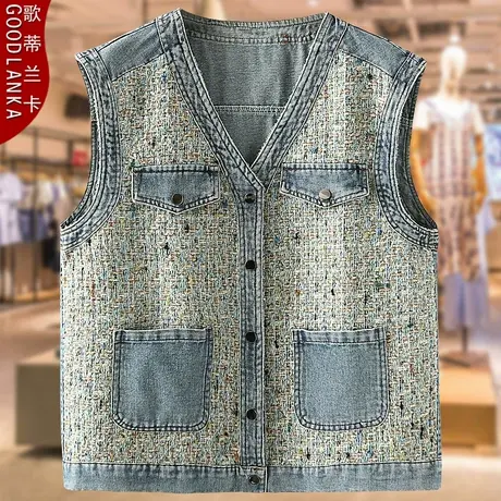 中年妈妈春装外穿马夹女200斤大码宽松时尚小香风撞色V领牛仔马甲商品大图