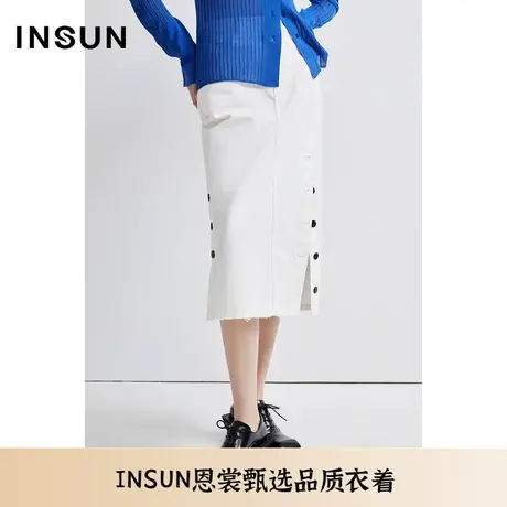 INSUN恩裳夏季可调节侧开叉纯棉白色半身裙图片