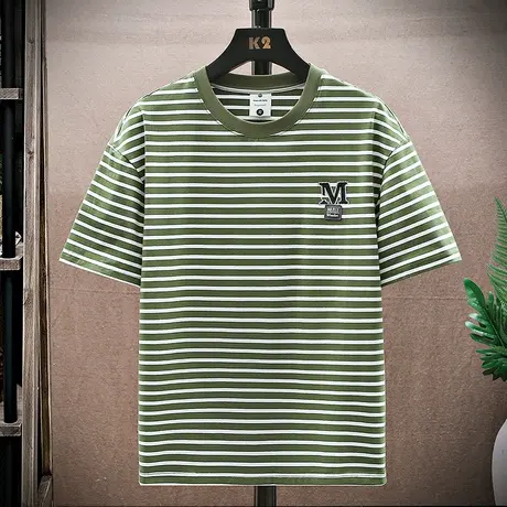 条纹潮牌刺绣圆领短袖t恤男夏季高街痞帅纯棉重磅休闲五分袖男装商品大图