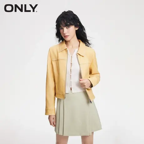 ONLY奥莱春季新款潮酷百搭金属拉链翻领修身短款皮衣女商品大图
