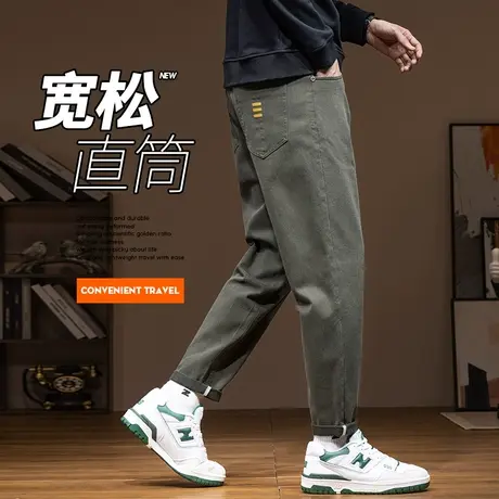 秋天军绿色日系港风休闲裤子春秋款男生高端牛仔工装秋季2023新款商品大图