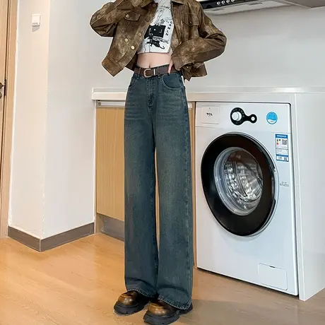 水泥灰美式直筒牛仔裤女春季2024新款小个子高腰显瘦宽松拖地裤子商品大图