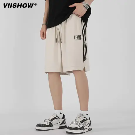 VIISHOW撞色条纹解构拼接抽绳短裤直筒宽松休闲松紧腰男款五分裤图片