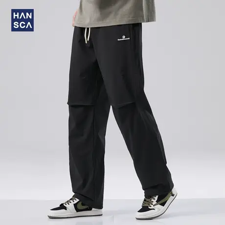 hansca黑色直筒宽松休闲裤男春季新款美式潮牌高街工装压褶长裤子商品大图