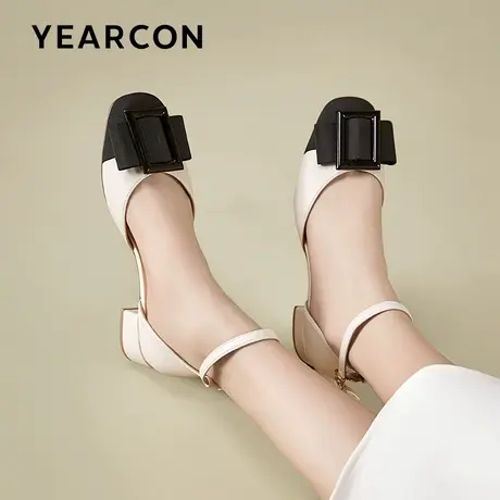 意尔康包头凉鞋女夏2023年新款方头拼色蝴蝶结一字扣带中空单鞋图片