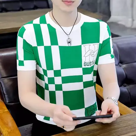 男士针织短袖T恤夏季高端冰丝圆领上衣潮牌烫钻薄款格子半袖体恤商品大图