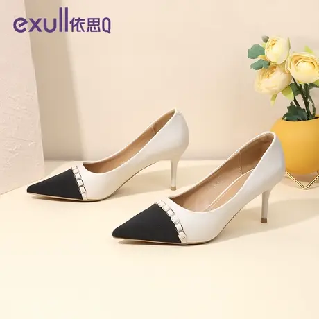 依思q小香风拼色高跟鞋细跟时尚气质拼接尖头单鞋女2024春季新款图片