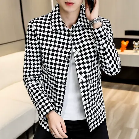 国潮外套男士秋季时尚格子休闲上衣学生潮流修身帅气翻领夹克ins商品大图