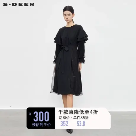 sdeer圣迪奥女装圆领收腰网纱雪纺荷叶边连衣裙S233Z12G6图片