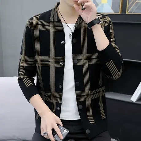 开衫男针织衫毛衣v领外套秋季男士潮流修身青年格子韩版休闲线衣商品大图