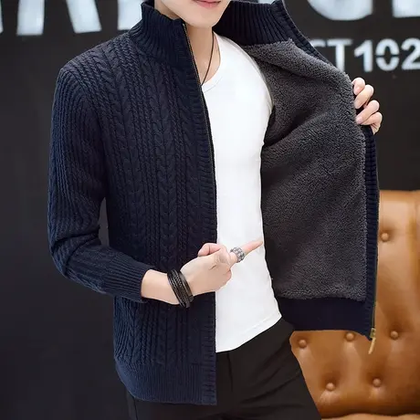 开衫毛衣男士加绒加厚韩版拉链针织衫外套带绒高领秋冬季男装潮流商品大图