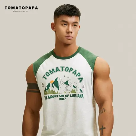 TOMATOPAPA新款运动背心男插肩袖2023夏潮牌印花健身无袖马甲上衣商品大图