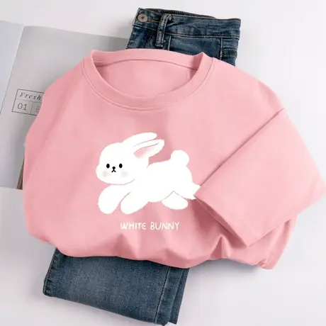 粉色长袖t恤女秋季新款宽松纯棉长袖上衣2023春秋学生小个子打底商品大图