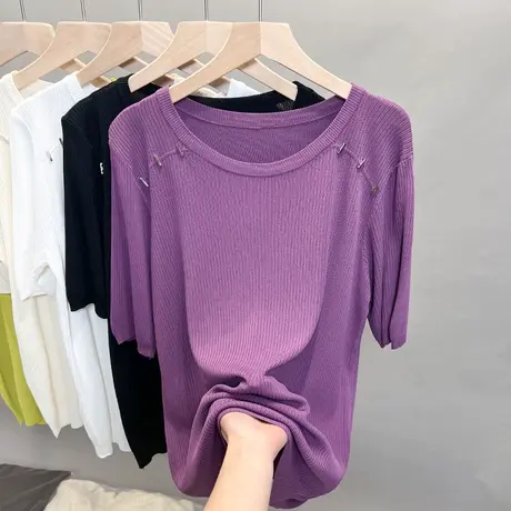 圆领冰丝针织衫女2023春夏秋新款内搭打底衫薄中袖t恤衫外穿上衣图片