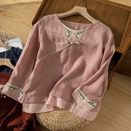 享永子刺绣亚麻上衣女文艺复古棉麻国风茶服宽松气质2023秋季新款商品大图