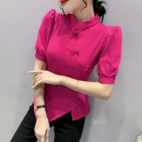 复古中国风上衣女2023夏季新款开叉盘扣短袖T恤泡泡袖洋气小衫潮图片