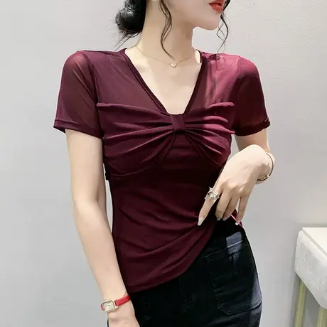 欧货性感网纱T恤女短袖夏装洋气蝴蝶结时尚小衫夏百搭修身V领上衣商品大图