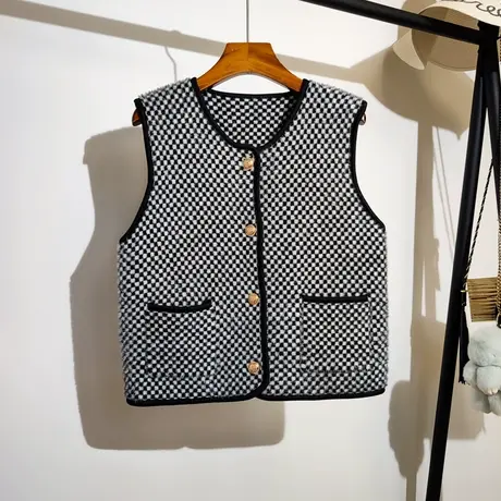 小香风针织马甲开衫女秋冬新款宽松韩系格子百搭毛衣背心马夹外套商品大图